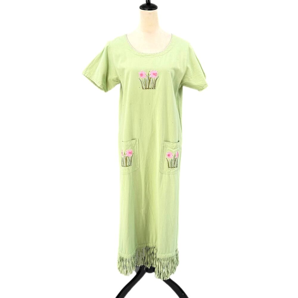 Vintage Shiny Mint Daffodil Embroidered Rhinestone Cotton Fringe Hem Maxi Dress